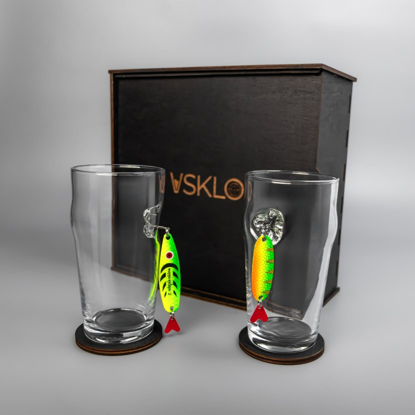 Set mit 2 Biergläsern (mit Angelköder-Einsätzen)