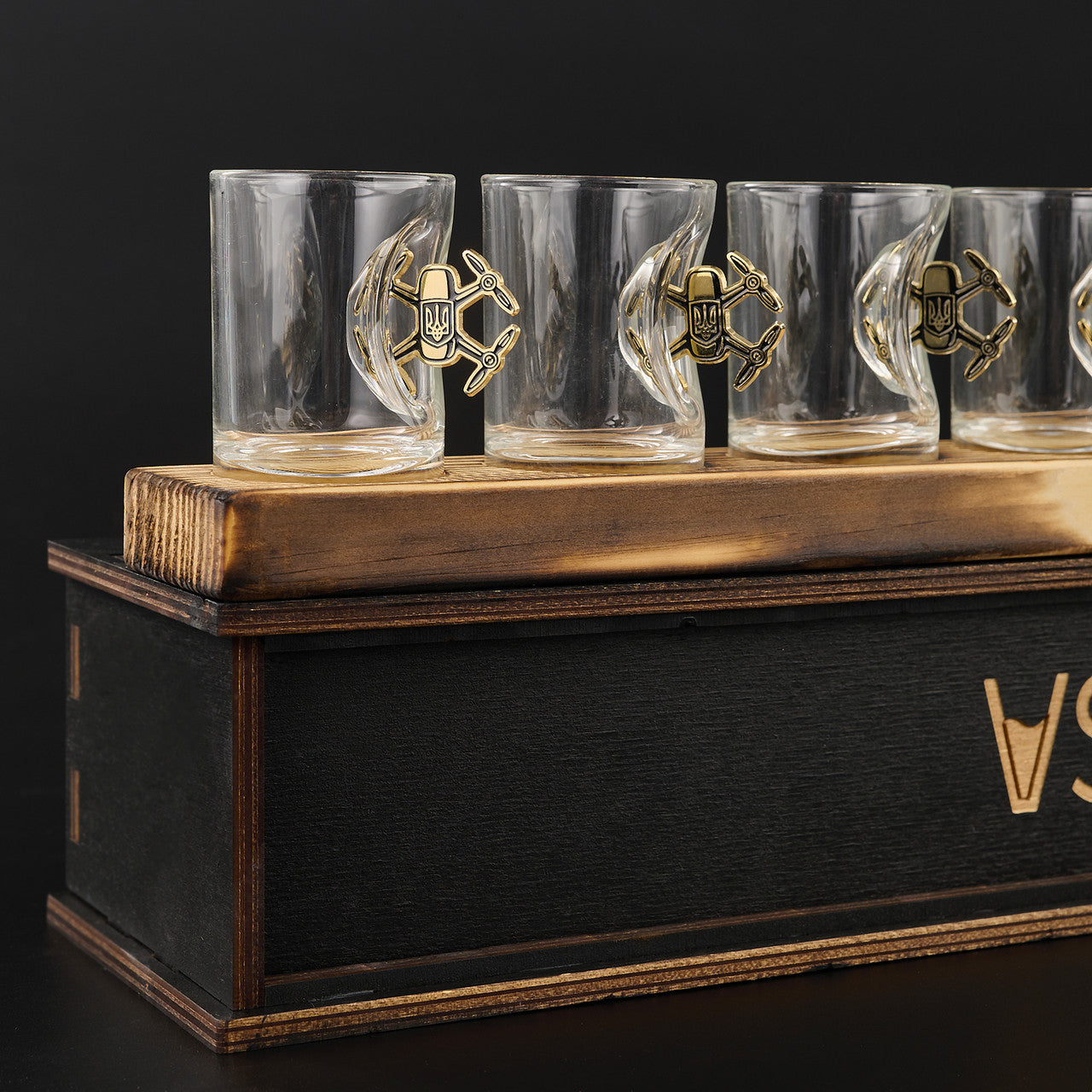 Shot Glass Set (with gold drone inserts) on Stand + Packaging | VSKLO #2204